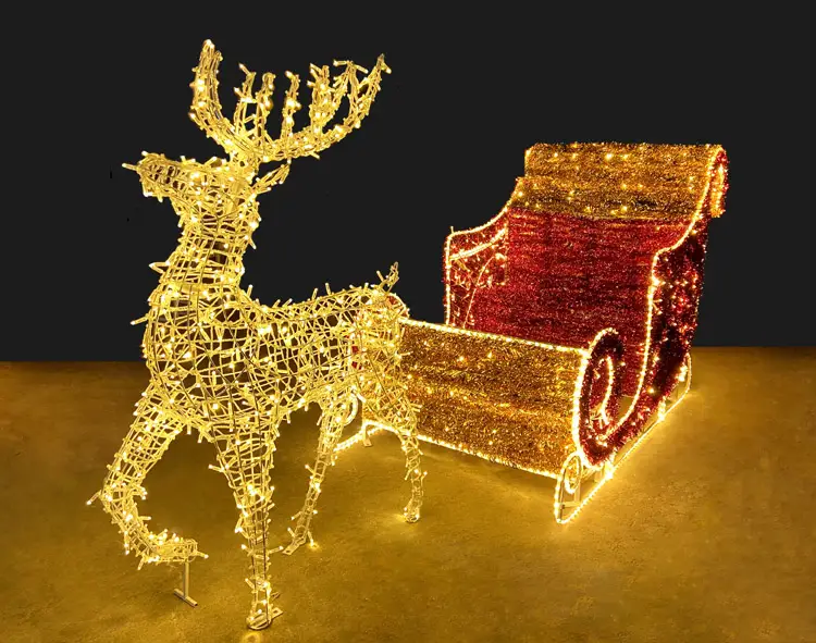 3D Lighted Reindeer Sleigh Outdoor Decor LED Reindeer Motif Light, Waterproof Illuminated Reindeer Sculpture Light for Yard Outdoor Decor