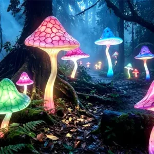 Glowing LED outdoor mushroom lights, colorful illuminated mushroom decor create enchanted forest scene for garden and landscape