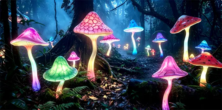 Outdoor Mushroom Light | Glowing LED Mushroom Lamp for Garden Yard Decor 3 Glowing LED outdoor mushroom lights, colorful illuminated mushroom decor create enchanted forest scene for garden and landscape